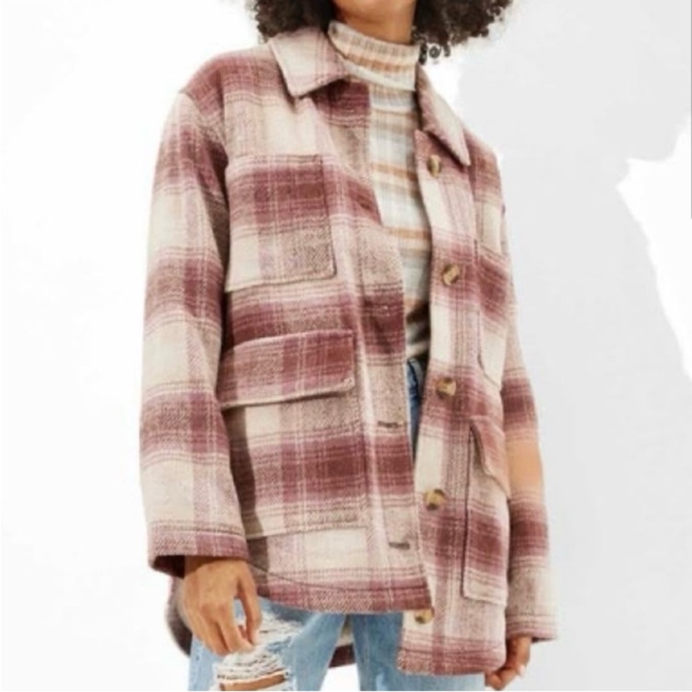 American Eagle Sherpa Lined Button-up Shacket Jacket Coat Plaid